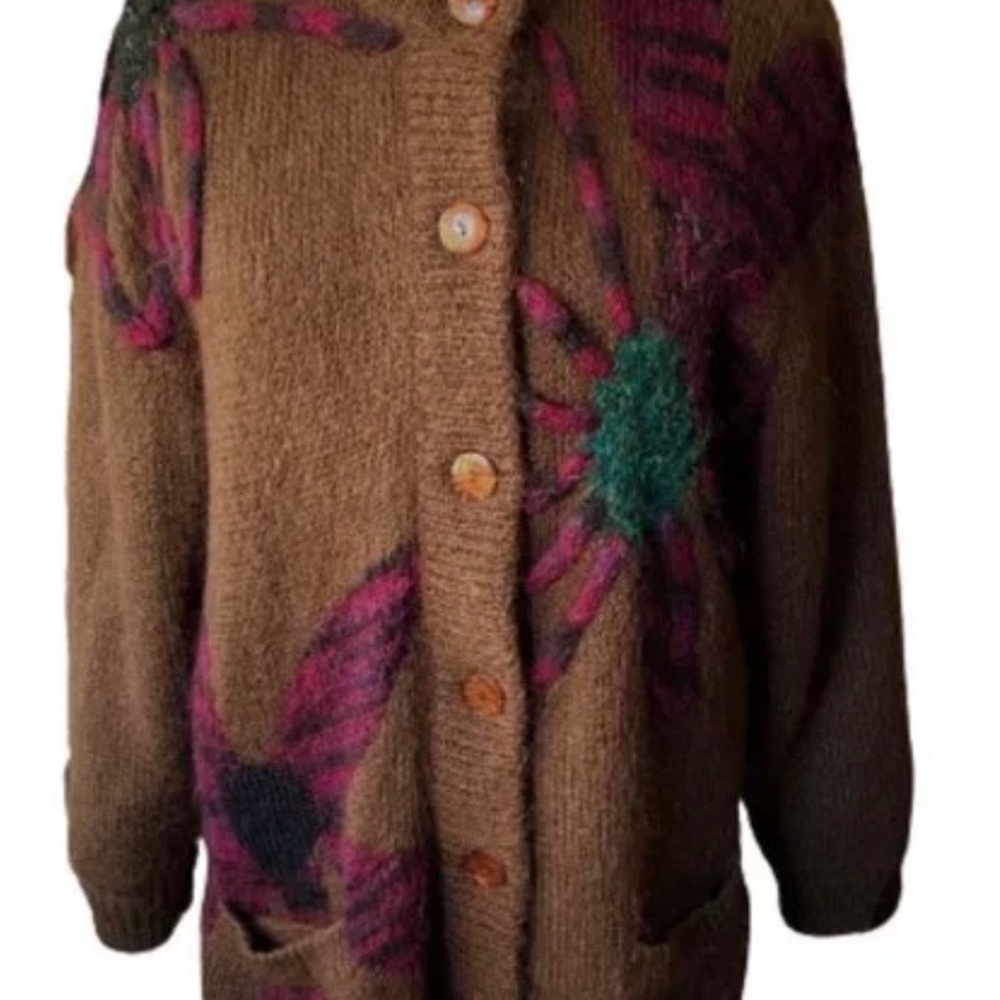 Vintage 80s mohair fuzzy floral cardigan jacket sweater button up
